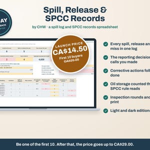 Spill Log, SPCC Inspection Spreadsheet, Incident Report, Corrective Action Tracker, Excel & Google Sheets