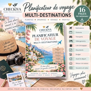 May include: A multi-destination travel planner booklet titled Planificateur de Voyage with a coastal illustration, featuring 16 pages, a straw hat, a camera, a passport, and a list of travel categories including destinations, itinerary, and budget.