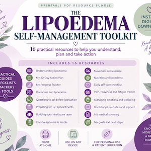 Könnte beinhalten: Ein druckbares PDF-Ressourcenpaket mit dem Titel The Lipoedema Self-Management Toolkit. Das Dokument enthält 16 praktische Ressourcen, darunter Checklisten, Tracker und Leitfäden zum Verständnis und Management von Lipödem, verziert mit violetten und grünen Blättern.