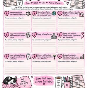 Könnte beinhalten: Ein rosa-weißes CSWE-Kompetenzreflexionsblatt mit neun nummerierten Abschnitten, Herzsymbolen, Illustrationen von Büchern, Pflanzen, einer Katze und Tassen sowie dem Text 'My CSWE Competency Reflection' und 'Same Kind Heart A More Just World'.