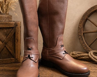 Men’s Handmade Leather Knee High Riding Boots, Vintage Brown Strapped Boots, Retro Style Cosplay Footwear, Medieval Tall Leather Boots