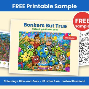 以下が含まれることがあります： Bonkers But Trueというタイトルの塗り絵と探し絵の本。地球儀、ケーキ、様々なキャラクターが描かれたカラフルな漫画風のシーンが特徴です。セットには、探し絵アクティビティのページと、恐竜の白黒塗り絵ページが含まれています。