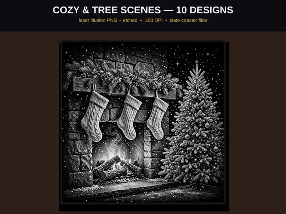 Cozy Christmas Laser Engraving PNG Bundle, 10 Christmas Illusion Designs + Etched, Slate & Wood Coaster Files, LightBurn Glowforge 300 DPI