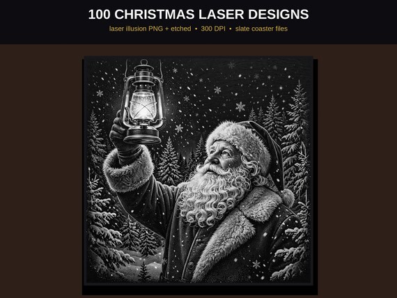Christmas Laser Engraving PNG Bundle, 100 Illusion Designs, Santa Reindeer Snowman, Slate & Wood Coaster Files, LightBurn Glowforge 300 DPI