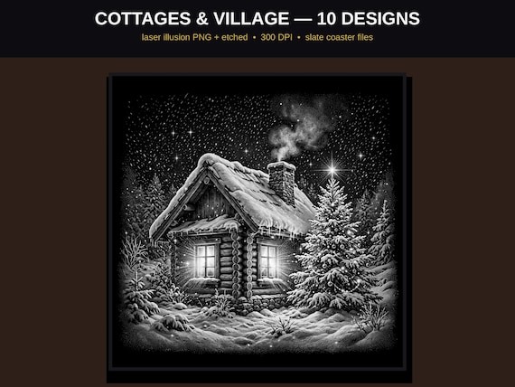 Cottage & Village Laser Engraving PNG Bundle, 10 Christmas Illusion Designs, Slate and Wood Coaster Files, LightBurn Glowforge 300 DPI