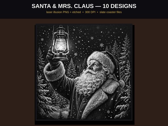 Santa Laser Engraving PNG Bundle, 10 Christmas Illusion Designs + Etched, Slate & Wood Coaster Files, LightBurn Glowforge 300 DPI