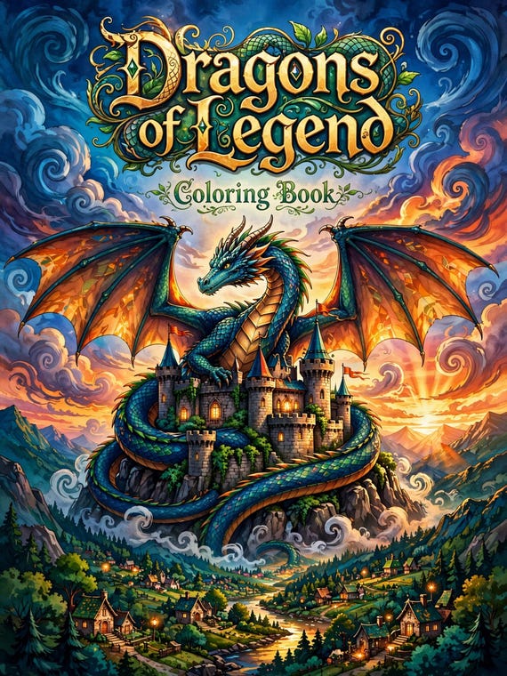 Dragons of Legend Coloring Pages, 45 Fantasy Sheets (Digital Download)