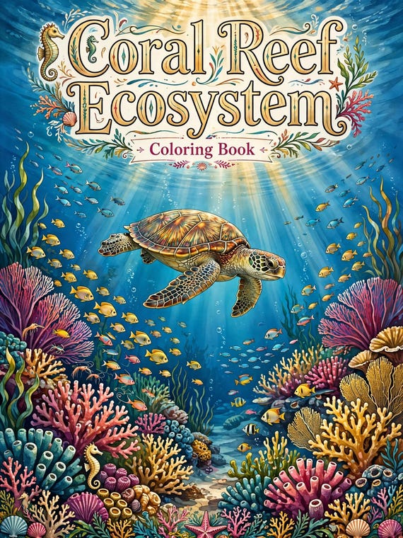 Coral Reef Coloring Pages, 45 Printable Ocean Life Sheets, Adult Sea Life Coloring Bundle, Underwater Scenes, Digital Download
