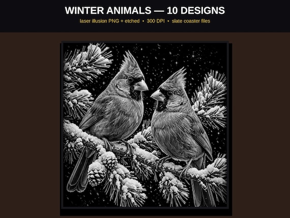 Winter Animal Laser Engraving PNG Bundle, 10 Christmas Illusion Designs + Etched, Slate & Wood Coaster Files, LightBurn Glowforge 300 DPI