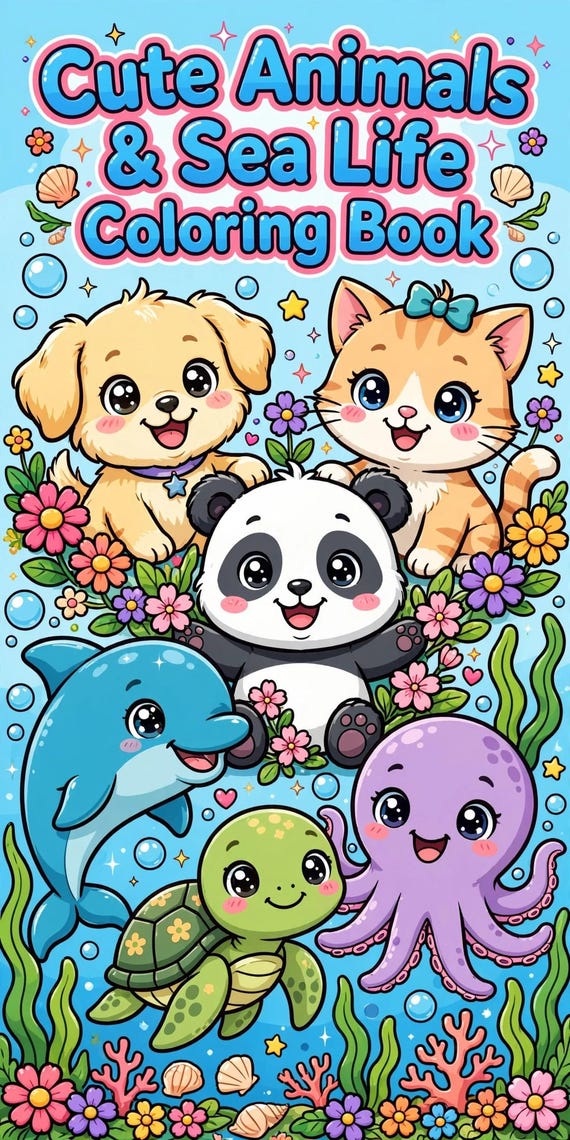 Cute Animals Coloring Pages, 45 Printable Sea Life Sheets, Kids Animal Coloring Bundle, Toddler Activity Pages, Instant Download