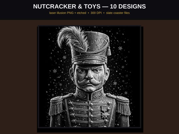 Nutcracker Laser Engraving PNG Bundle, 10 Christmas Illusion Designs + Etched, Slate & Wood Coaster Files, LightBurn Glowforge 300 DPI