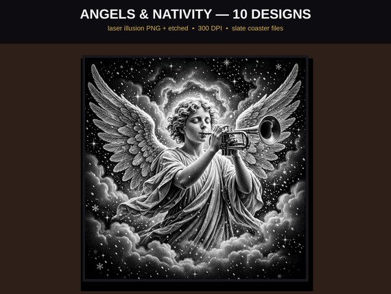 Angel & Nativity Laser Engraving PNG Bundle, 10 Christmas Illusion Designs, Slate and Wood Coaster Files, LightBurn Glowforge 300 DPI