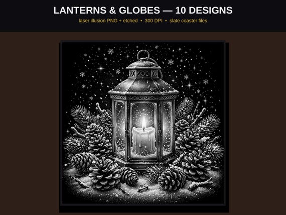 Lantern & Snow Globe Laser Engraving PNG Bundle, 10 Christmas Illusion Designs, Slate and Wood Coaster Files, LightBurn Glowforge 300 DPI