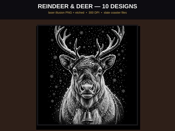 Reindeer & Deer Laser Engraving PNG Bundle, 10 Christmas Illusion Designs, Slate and Wood Coaster Files, LightBurn Glowforge 300 DPI