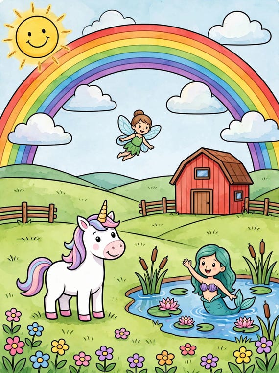 Magical Friends Coloring Pages, 45 Unicorn, Fairy, Mermaid Scenes (Digital Download)