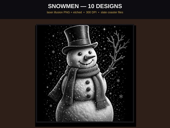 Snowman Laser Engraving PNG Bundle, 10 Christmas Illusion Designs + Etched, Slate & Wood Coaster Files, LightBurn Glowforge 300 DPI