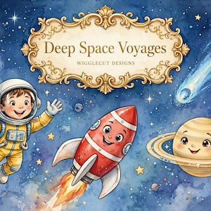 May include: A watercolor illustration featuring a smiling astronaut in a yellow suit, a red rocket ship, and a smiling planet with rings against a dark blue starry background. A gold ornate frame contains the text Deep Space Voyages WIGGLECUT DESIGNS.
