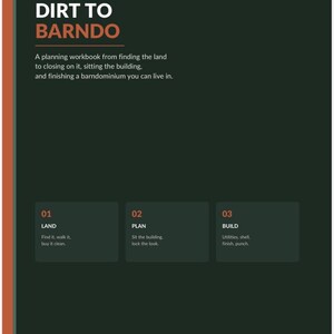 May include: A dark green workbook titled DIRT TO BARNDO with orange text. It includes sections 01 LAND, 02 PLAN, and 03 BUILD, with sub-text detailing steps for finding land, sitting the building, and finishing a barndominium for owner-builders.