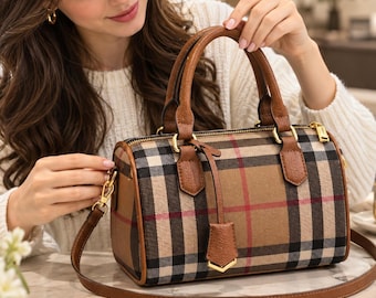 Plaid Barrel Tote Bag | Coated Canvas, Leather Trim, Gold Hardware