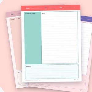 May include: A Cornell Notes template digital document featuring a structured layout with a teal left column, lined note-taking area, and a summary section at the bottom. The text reads Brightlayerdesigns, Cornell Notes Template, Take better notes and study smarter, 6 Colours + B&W, Instant Download, Printable PDF, and Print it or use it on your tablet.