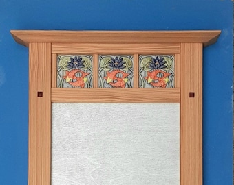 Handmade Bald Cypress Wood Mirror: Koi and Lotus Flower Tiles