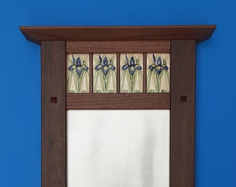 Handmade Iris Tile Mirror: Arts & Crafts Style, Walnut or Cherry Frame