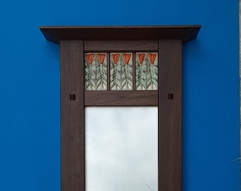 Handmade Poppy Tile Mirror: Arts and Crafts Style, Walnut or Cherry Frame