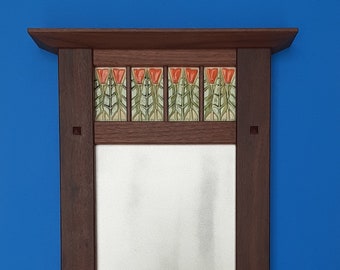 Poppy Tile Decorative Mirror with 4 tiles in the Arts and Crafts Tradition, Craftsman Home, Bungalow Home, Heirloom Gift