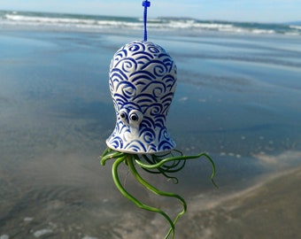 Original, Handmade Small Blue and White, Tsunami Octopus, Hanging Air Planter, Bring the Beach Home, Valentine's Day