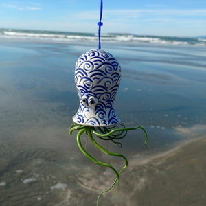 Original, Handmade Small Blue and White, Tsunami Octopus, Hanging Air Planter, Bring the Beach Home, Valentine's Day