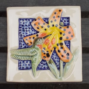 Hand Made Hummingbird  and Lily Tile