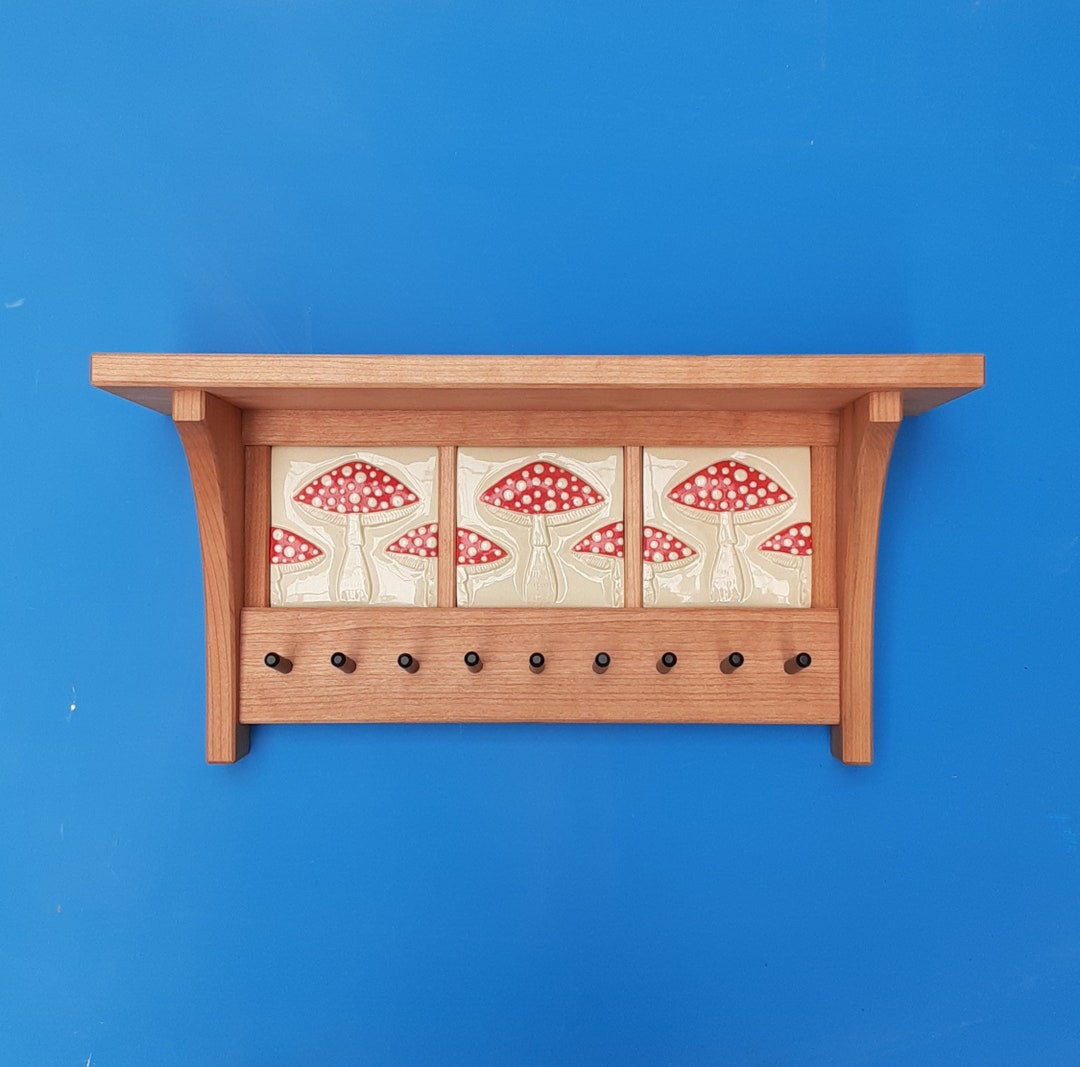 Key Rack and Shelf With Handmade Mushroom Tiles, Mission Style - Etsy