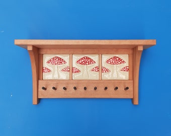 Key Rack and Shelf with Handmade Mushroom Tiles, Mission Style