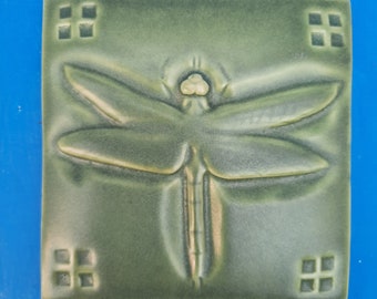 Arts and Crafts, Mission Style,  Green Matte, Dragonfly, Hand Made Tile