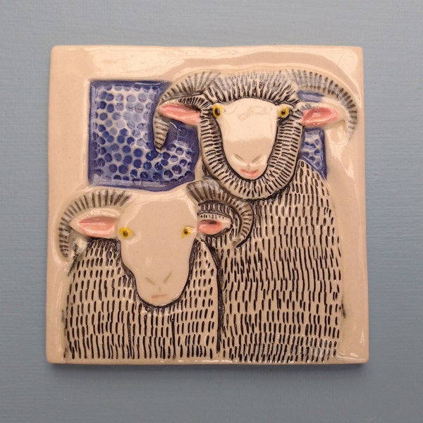 Sheep Tile, 4", handmade, porcelain, bathroom, backsplash, display