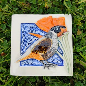 California Poppy and Quail, Arts and Crafts Mission Style Tile, 4"
