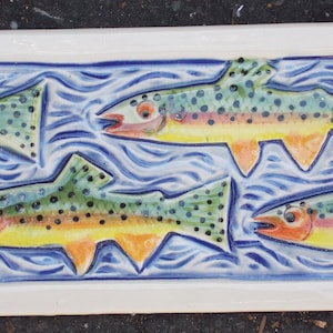 Arts and Crafts Subway Tile,  School of Trout, Fisherman, Cabin, Cottage,