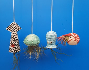 Octopus Garden Collection,   4 Small Hanging Air Planters, Squid, Octopus, Jellyfish,  Nautilus, Mother's Day Gift