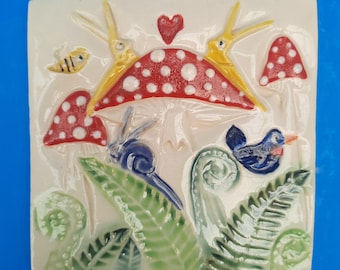 Handmade Mushroom Tile: Fern Forest Scene, Whimsical Decor (4"x 4")