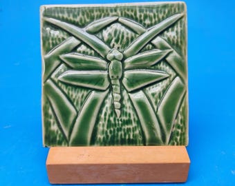 Handmade Dragonfly and Arched Reeds Tile, Arts and Crafts Inspired