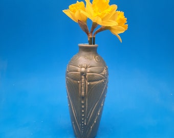 Arts and Crafts Style Dragonfly Vase, Green Matte