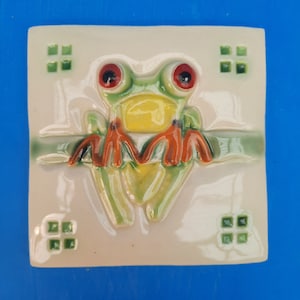 Painted Red Eyed Frog, Hand Made Tile, Craftsman Style
