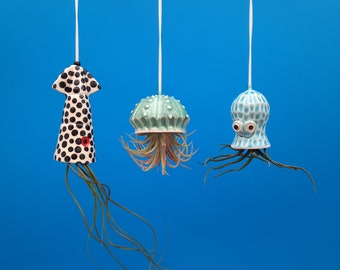 Mini Octopus Garden Set of 3 mini Hanging Air Planters, Squid, Jellyfish and Octopus, Mother's Day Gift