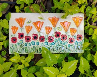 Kunsthandwerk, Mission Style, Feld der Wildblumen, handgefertigte Fliese
