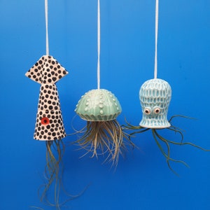 Octopus Garden of 3 small Hanging Air Planters, A Collection of 3 Small Sea Creatures, Coastal Design,