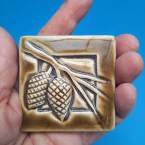 Pinecone, Handmade Tile, Arts and Crafts Style, 2 1/4&quot;  x 2 1/4&quot;