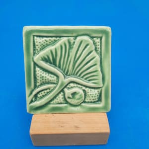 Handmade Ginkgo Tile: Arts & Crafts Style, Green Ceramic (2 1/4&quot;)