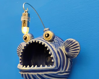 Handmade Lantern Fish Wall Sconce, LED Night Light, Air Plant Holder