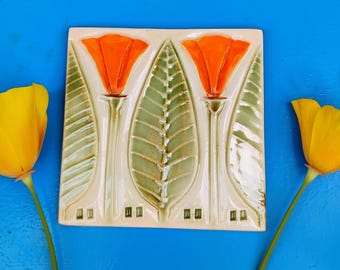 Arts and Crafts, Mission Style, California Poppy, Hand Made Tile