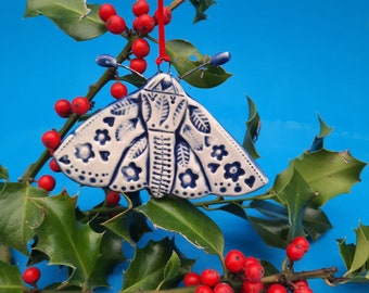 Blue and White, Handmade Moth Ornament